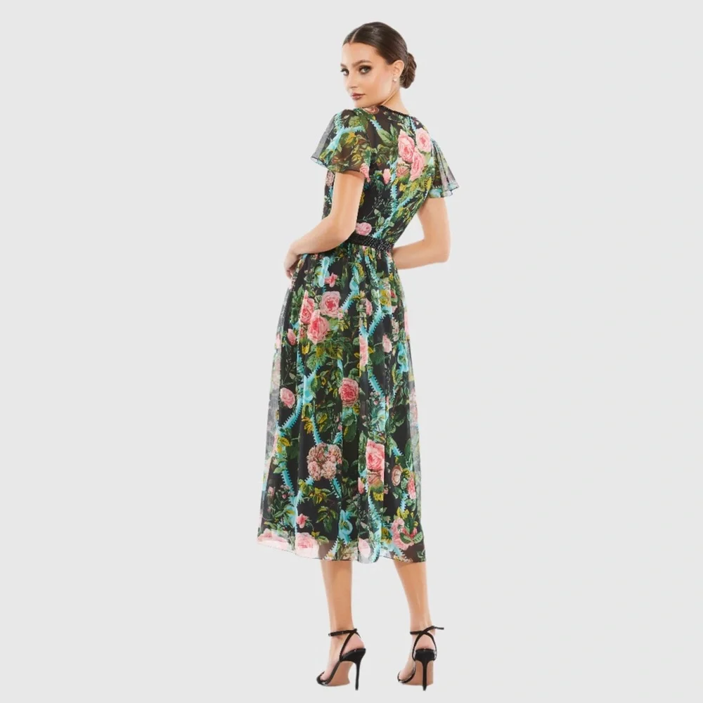 Mac Duggal Floral Illusion Cap Sleeve Midi Dress Black Multi Sheer NWT Size 8 - Picture 7 of 11